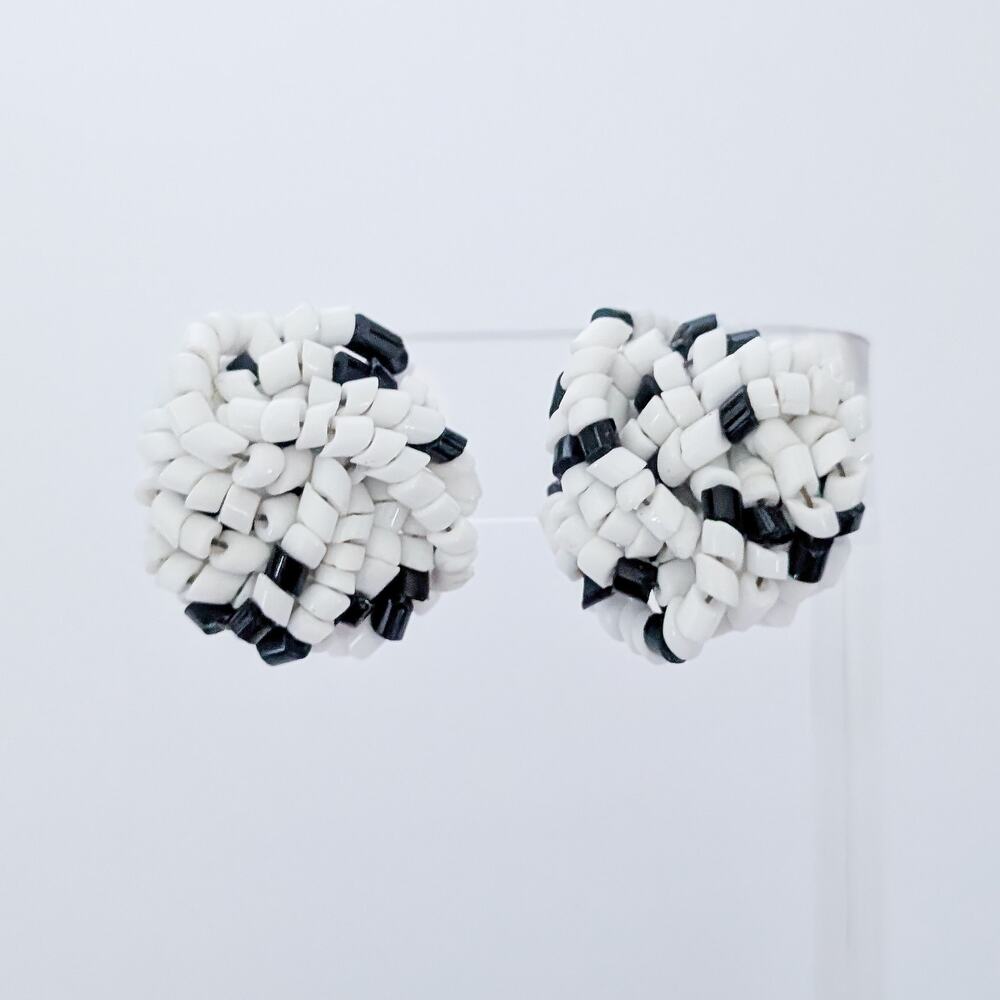 Vintage Clip On Earrings Black & White Large Beaded Cluster
